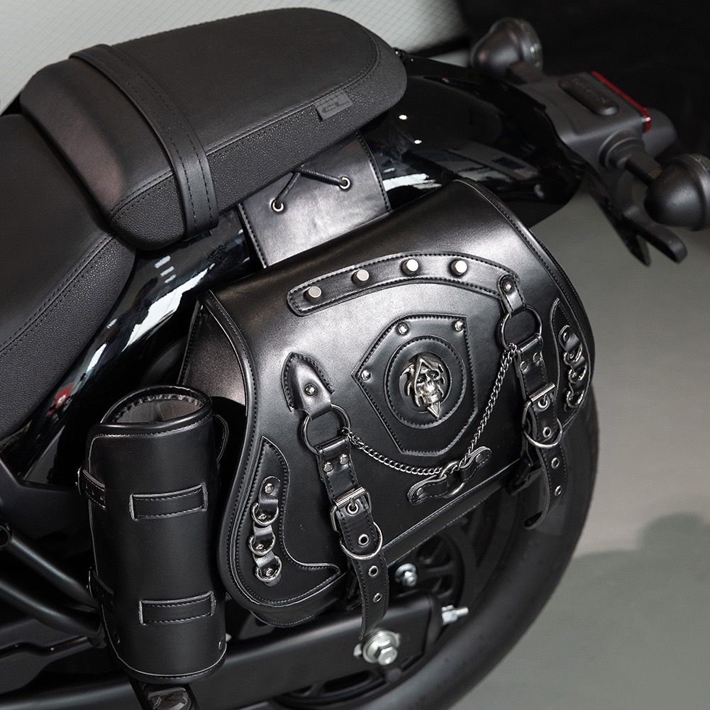 Dark Skull and Chain Embellished Motorcycle Side Bag with Water Bottle Cage MTB09