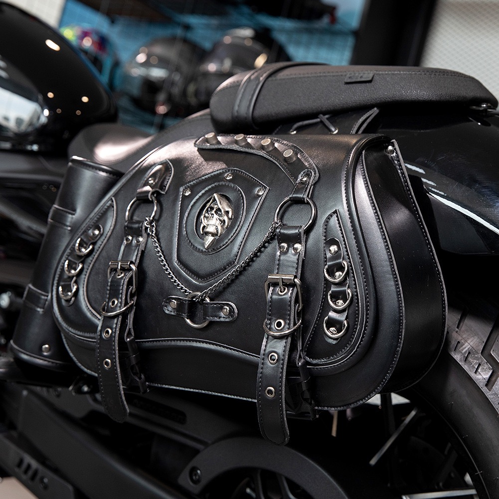 Dark Skull and Chain Embellished Motorcycle Side Bag with Water Bottle Cage MTB09