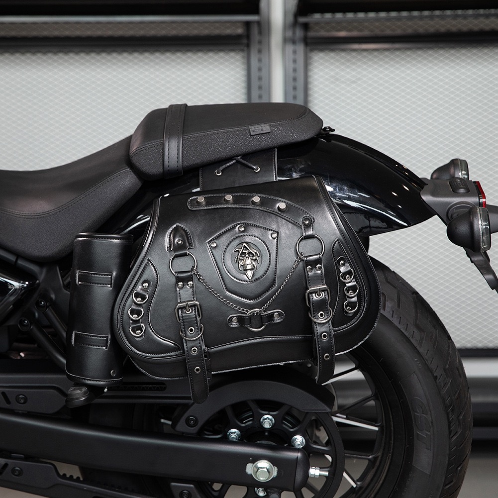Dark Skull and Chain Embellished Motorcycle Side Bag with Water Bottle Cage MTB09
