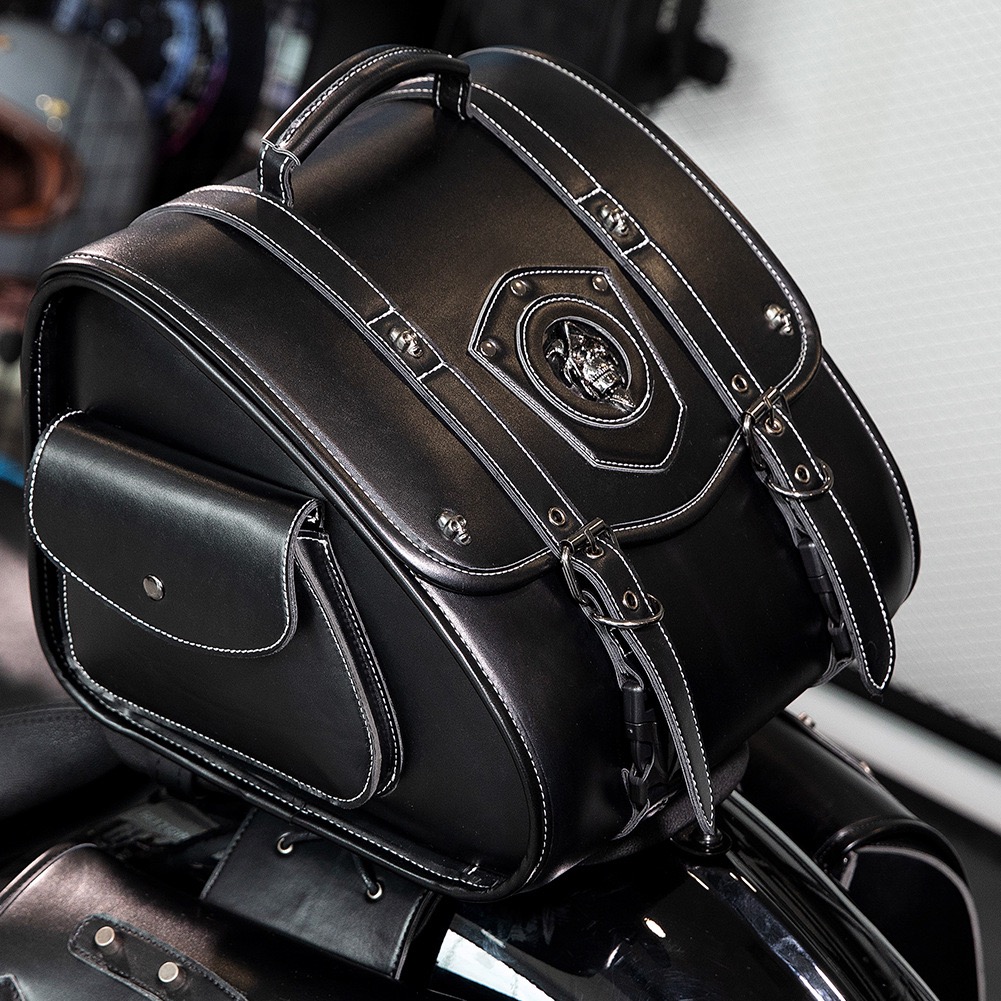 Handcrafted Motorcycle Tail Bag with Skull Emblem – Vintage Cruiser Rear Seat Luggage MTB05