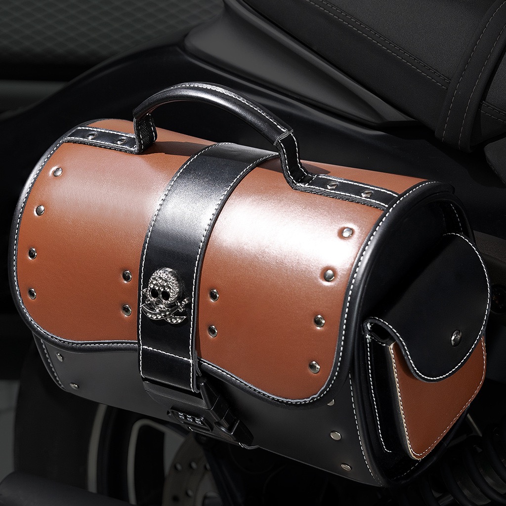 Handcrafted Color-Blocked Motorcycle Tail Bag With Combination Lock And Skull Logo