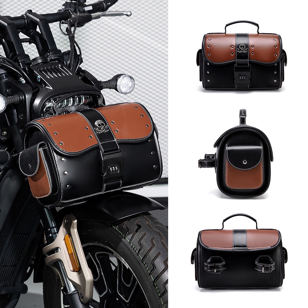 Handcrafted Color-Blocked Motorcycle Tail Bag With Combination Lock And Skull Logo