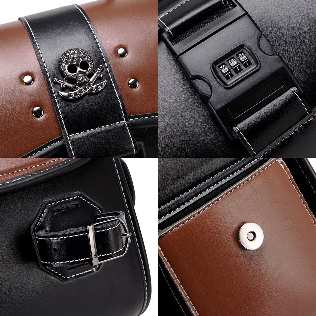 Handcrafted Color-Blocked Motorcycle Tail Bag With Combination Lock And Skull Logo
