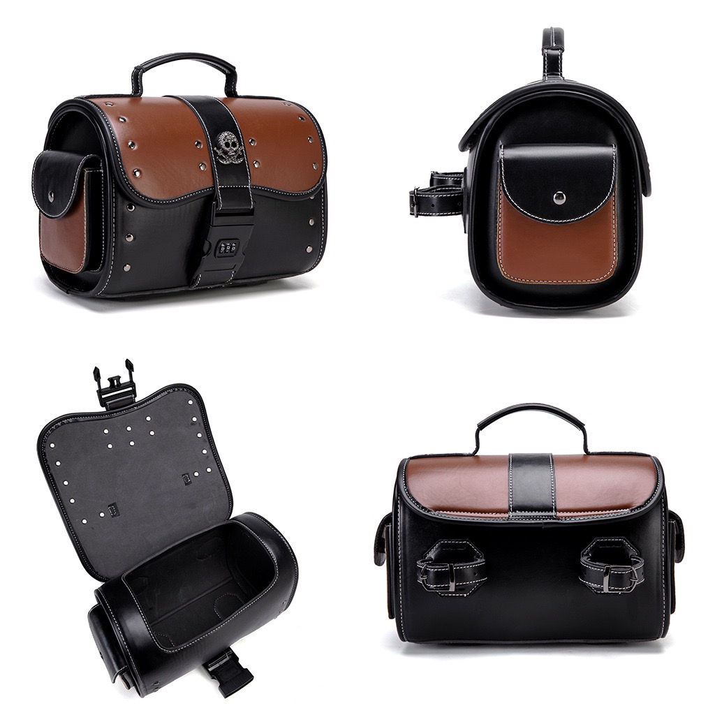 Handcrafted Color-Blocked Motorcycle Tail Bag With Combination Lock And Skull Logo