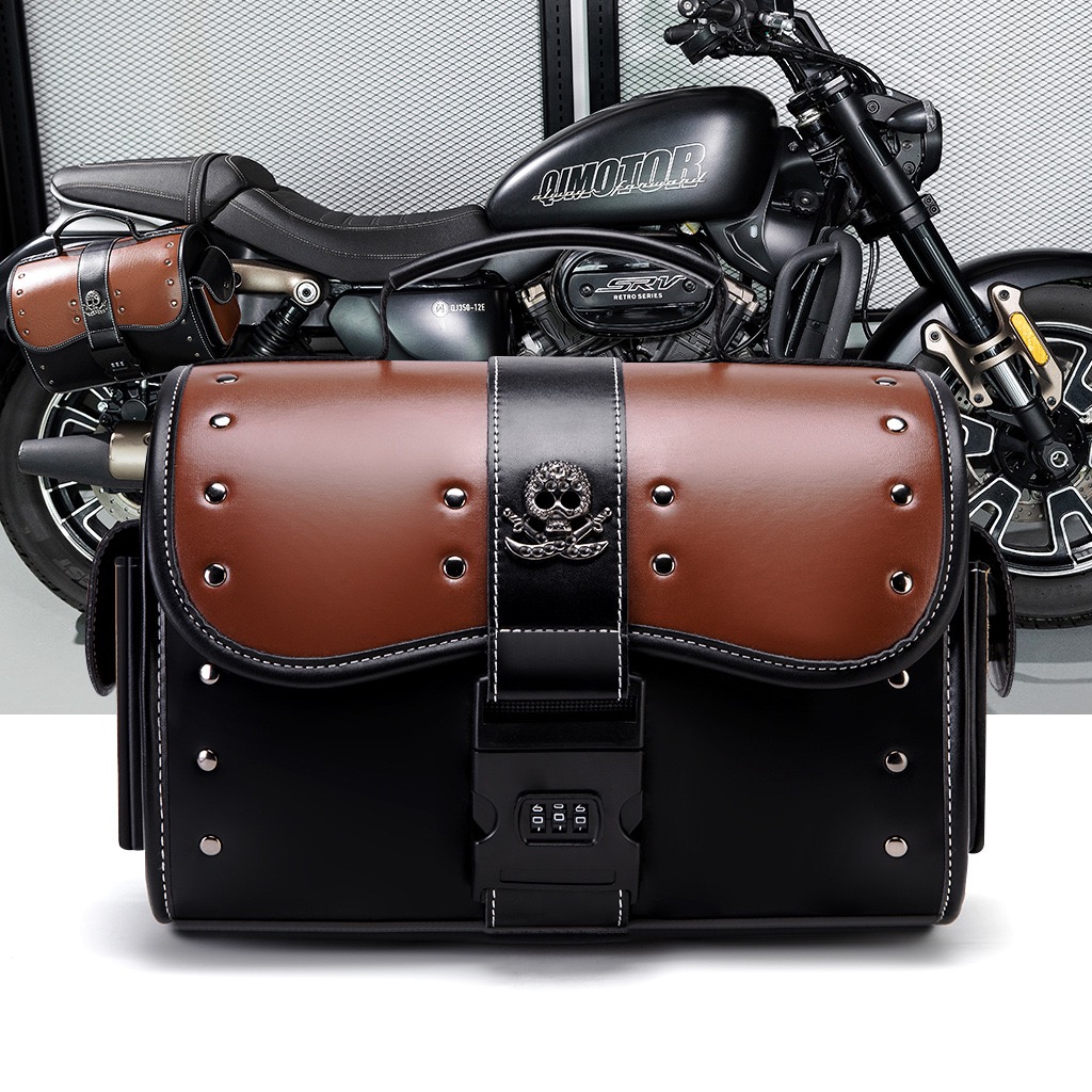 Handcrafted Color-Blocked Motorcycle Tail Bag With Combination Lock And Skull Logo