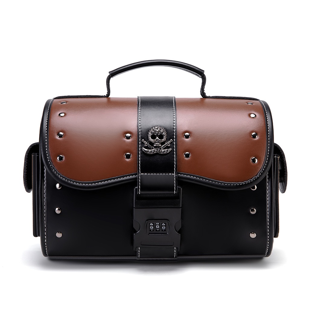 Handcrafted Color-Blocked Motorcycle Tail Bag With Combination Lock And Skull Logo