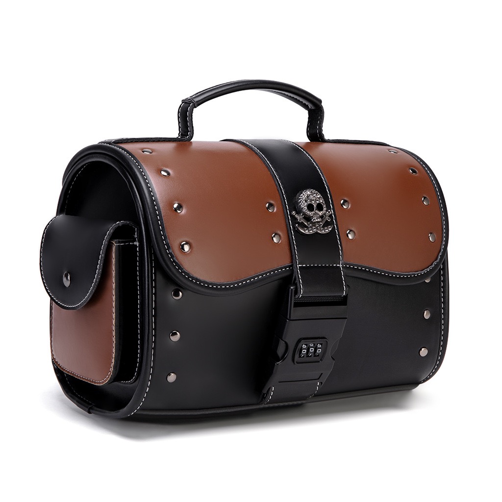 Handcrafted Color-Blocked Motorcycle Tail Bag With Combination Lock And Skull Logo