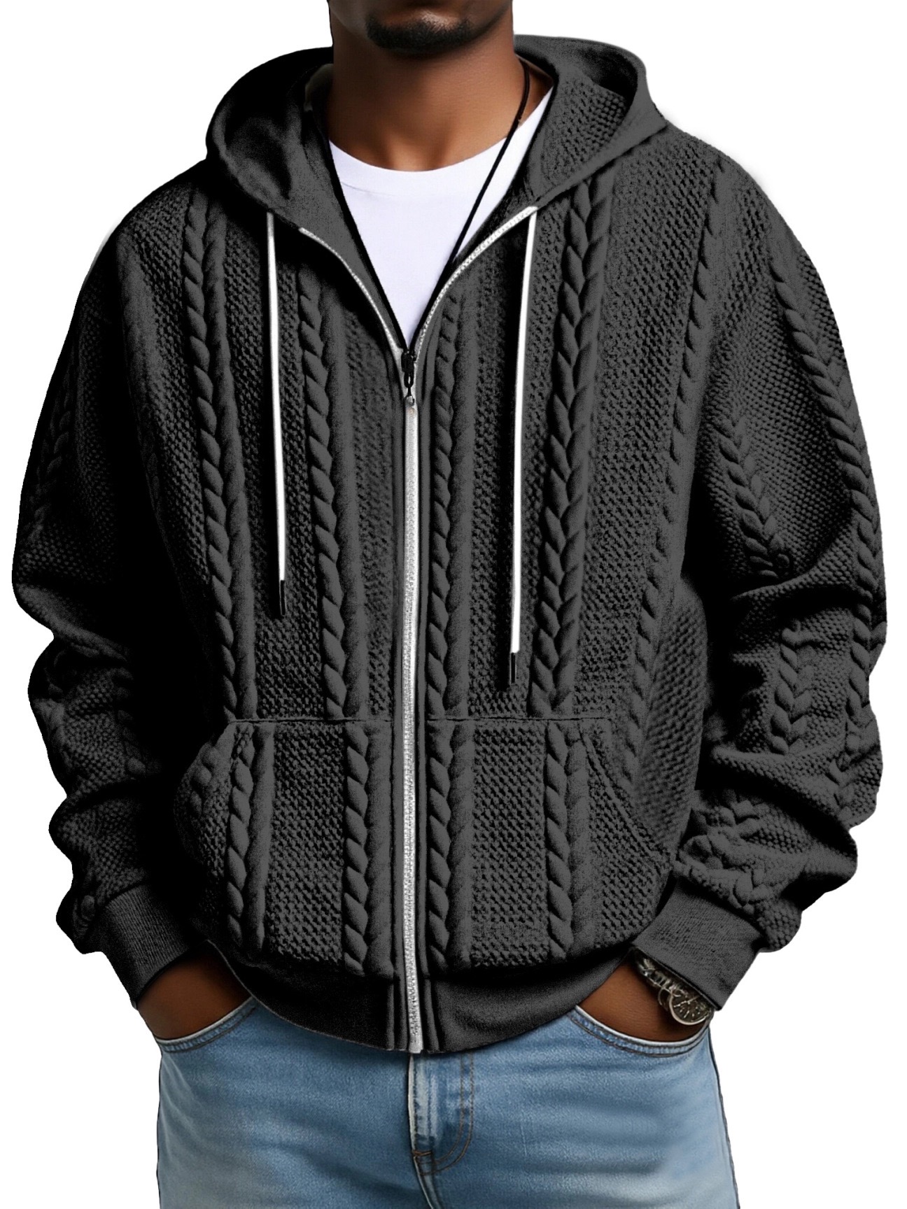 Herren Strick-Hoodie mit Zopfmuster