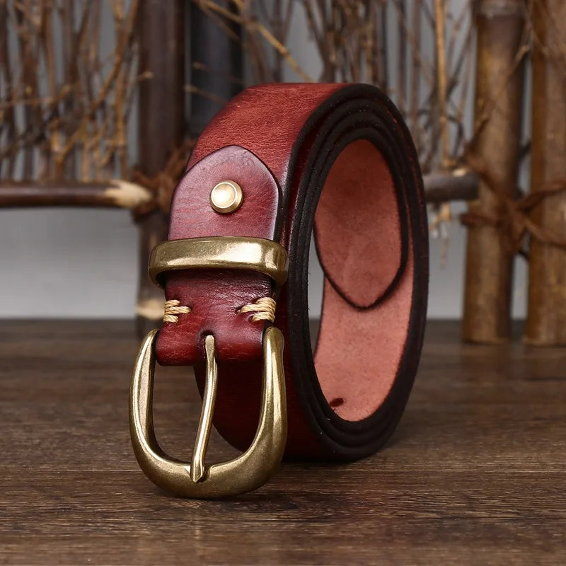 Giovanni Brass Buckle Leather Belt 3.3CM B01