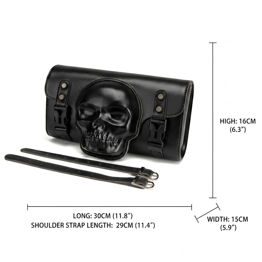 3D Embossed Skull Motorcycle Fork Bag – Handcrafted Leather Handlebar Tool Roll MTB07