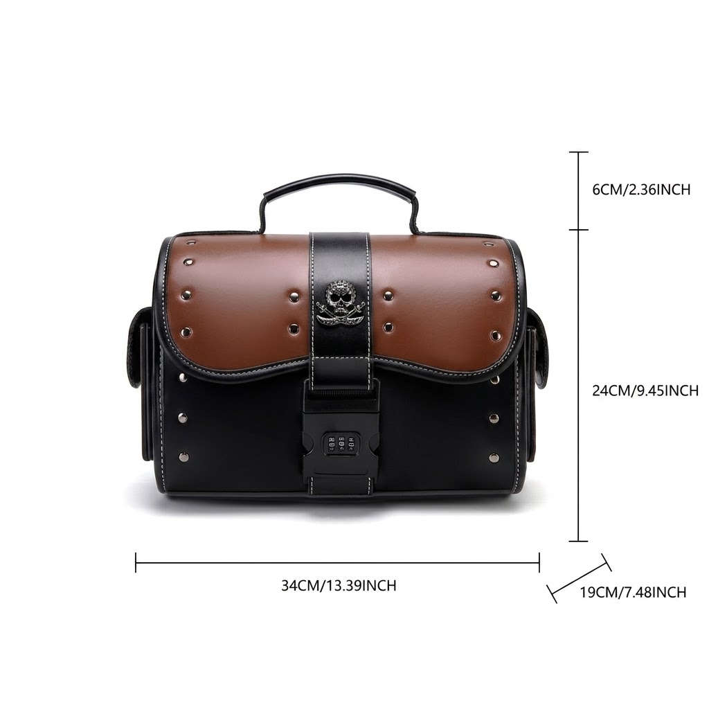 Handcrafted Color-Blocked Motorcycle Tail Bag With Combination Lock And Skull Logo