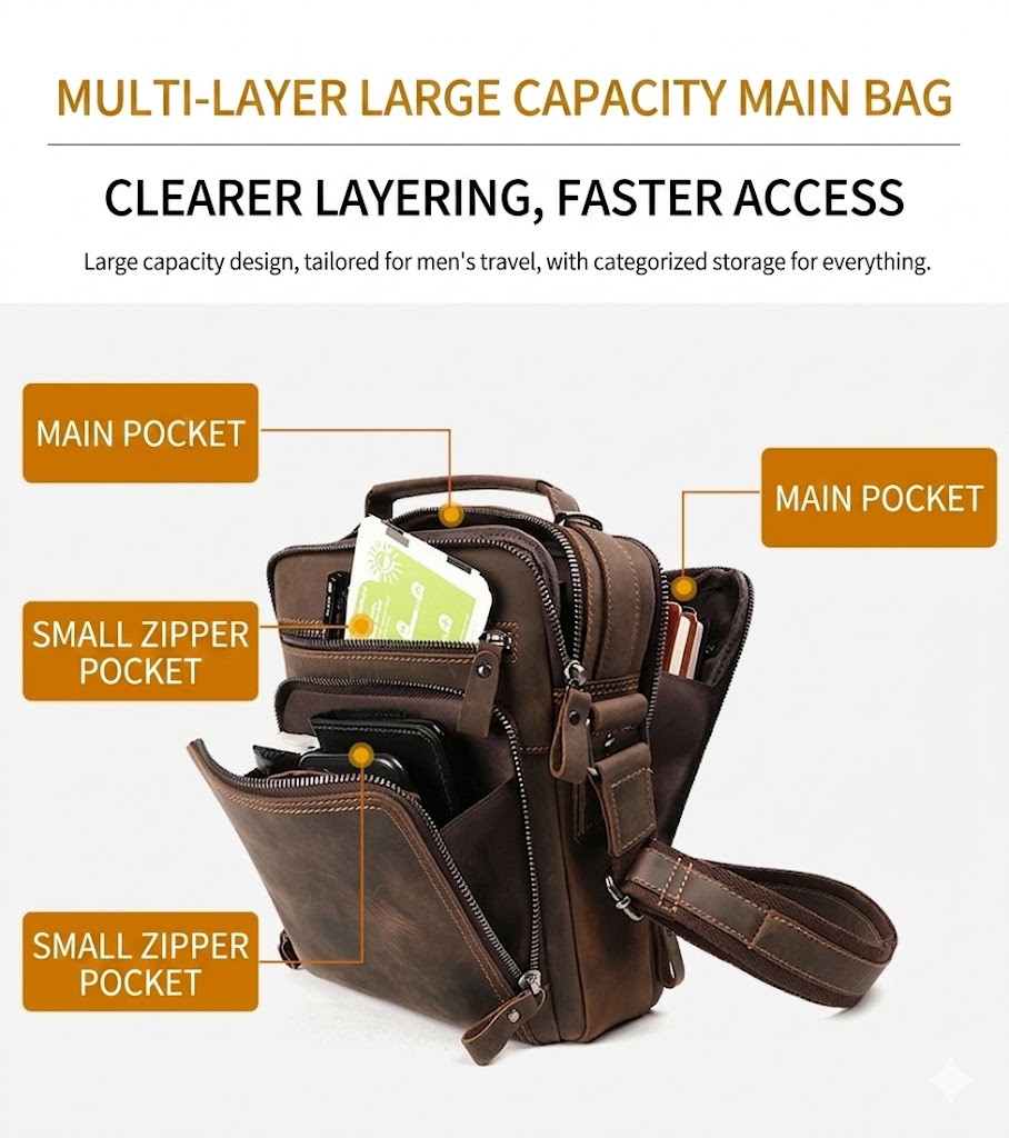 Men's Retro Crazy Horse Leather Large Capacity Shoulder Bag