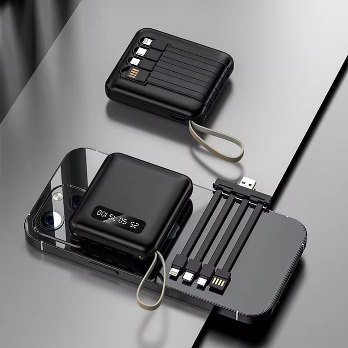 5000mAh Mini Power Bank mit Eingebauten Kabeln | + Eingebaute Taschenlampe
