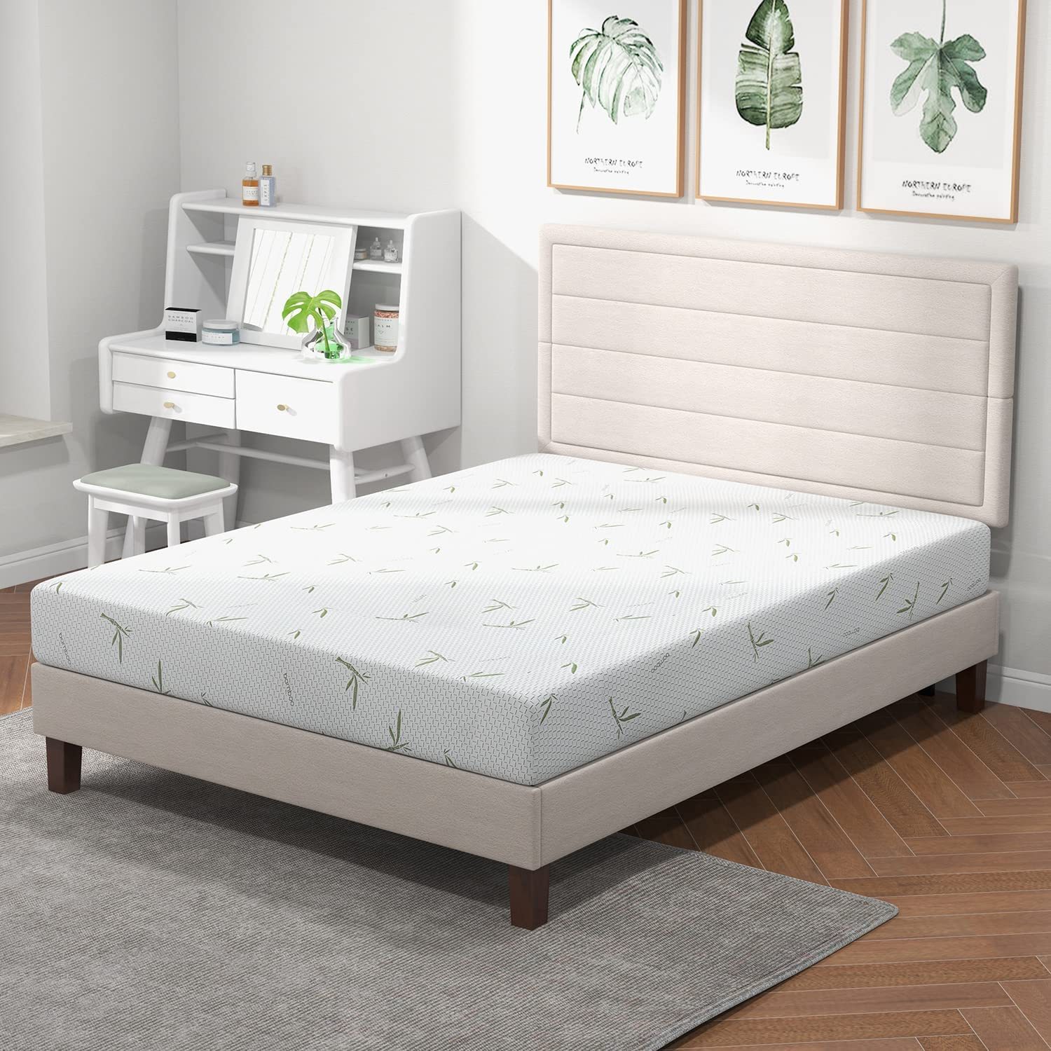 Bed Frame, Upholstered Platform with Headboard for Kids Wood Slats No 