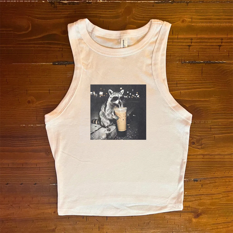 Funny Raccoon Drinking Iced Coffee Tank Top