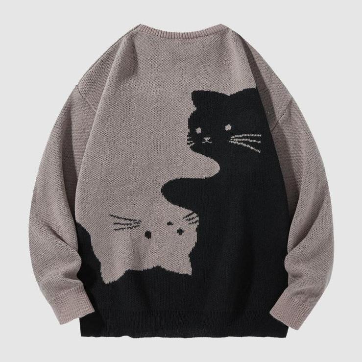 Cartoon Cat Print Round Neck Knitwear Pullover