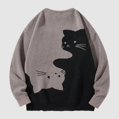 Cartoon Cat Print Round Neck Knitwear Pullover