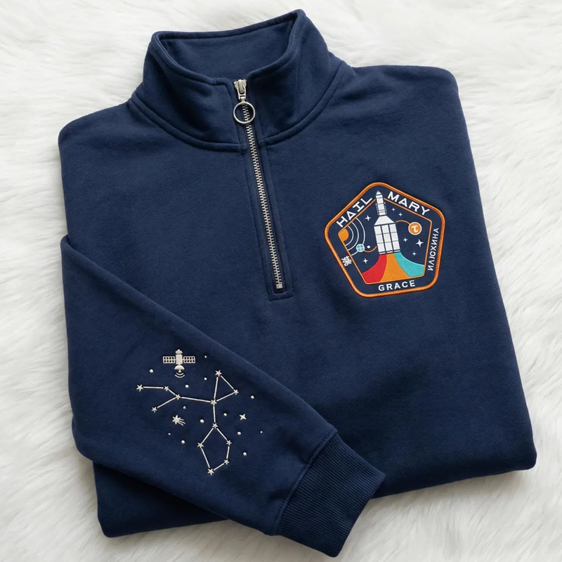Embroidered Sci-Fi Movie Quarter Zip Sweatshirt