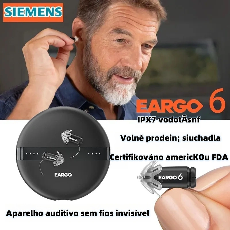 Aparelho auditivo Siemens EARGO 7 OTC: CIC invisível, recarregável e flexível, aprovado pela FDA.