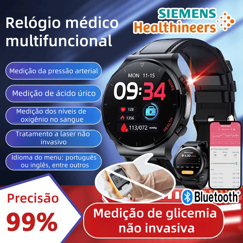 O relógio Siemens com função de tratamento a laser pode monitorar a frequência cardíaca, a pressão arterial e os níveis.