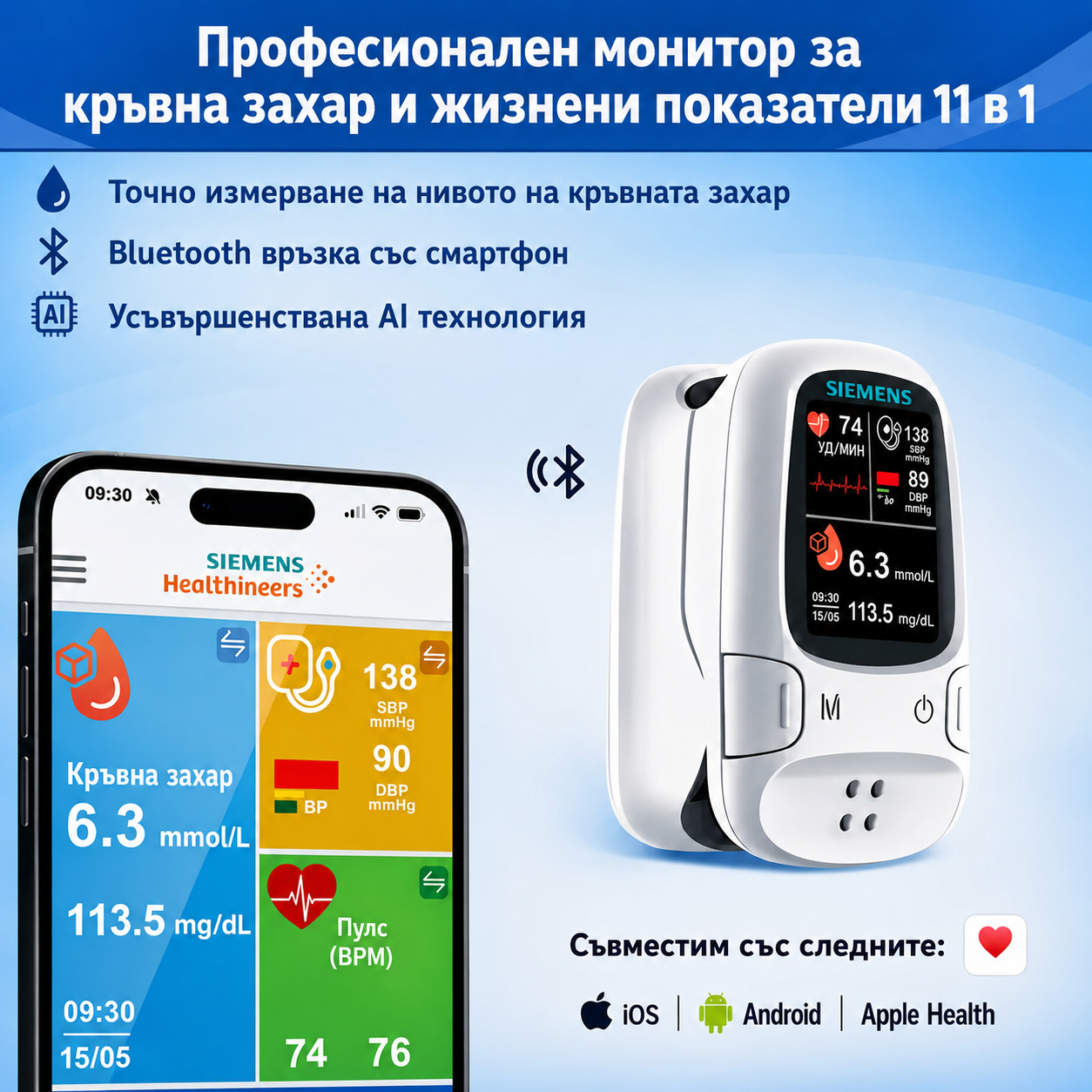 🩸 Глюкомер без убождане – Siemens | Безболезнен контрол на глюкозата у дома 📊