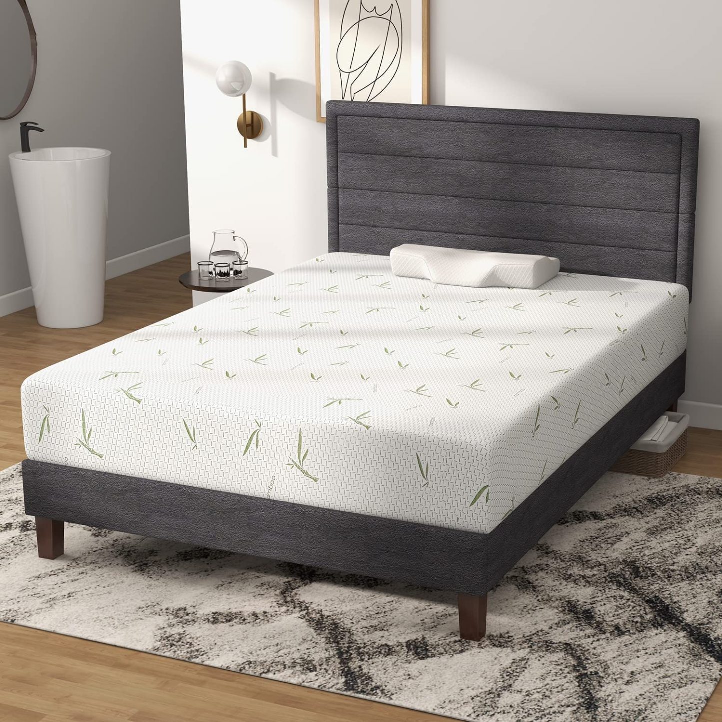 Bed Frame, Upholstered Platform with Headboard for Kids Wood Slats No 