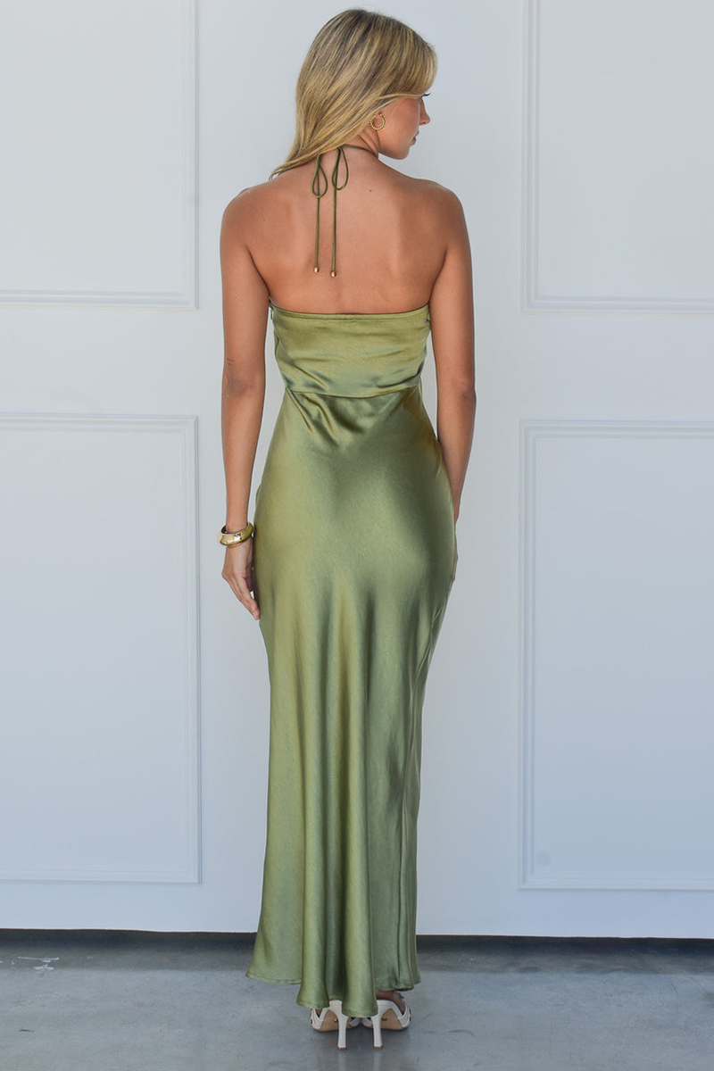 Halter Rosette Decor Open Back Slim Fit Satin Maxi Dresses-Green-Hayhty.All Rights Reserved.