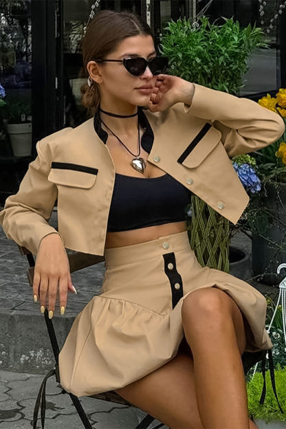 Mock Neck Crop Jacket Cinch Waist Bubbled Hem Mini Skirt Matching Set-Khaki-Hayhty.All Rights Reserved.