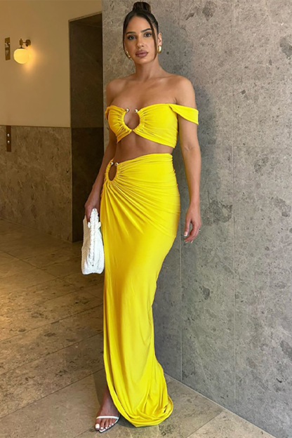 Cutout Crop Cami Ruched High Slit Fishtail Maxi Skirt Matching Set-Blue-Hayhty.All Rights Reserved.