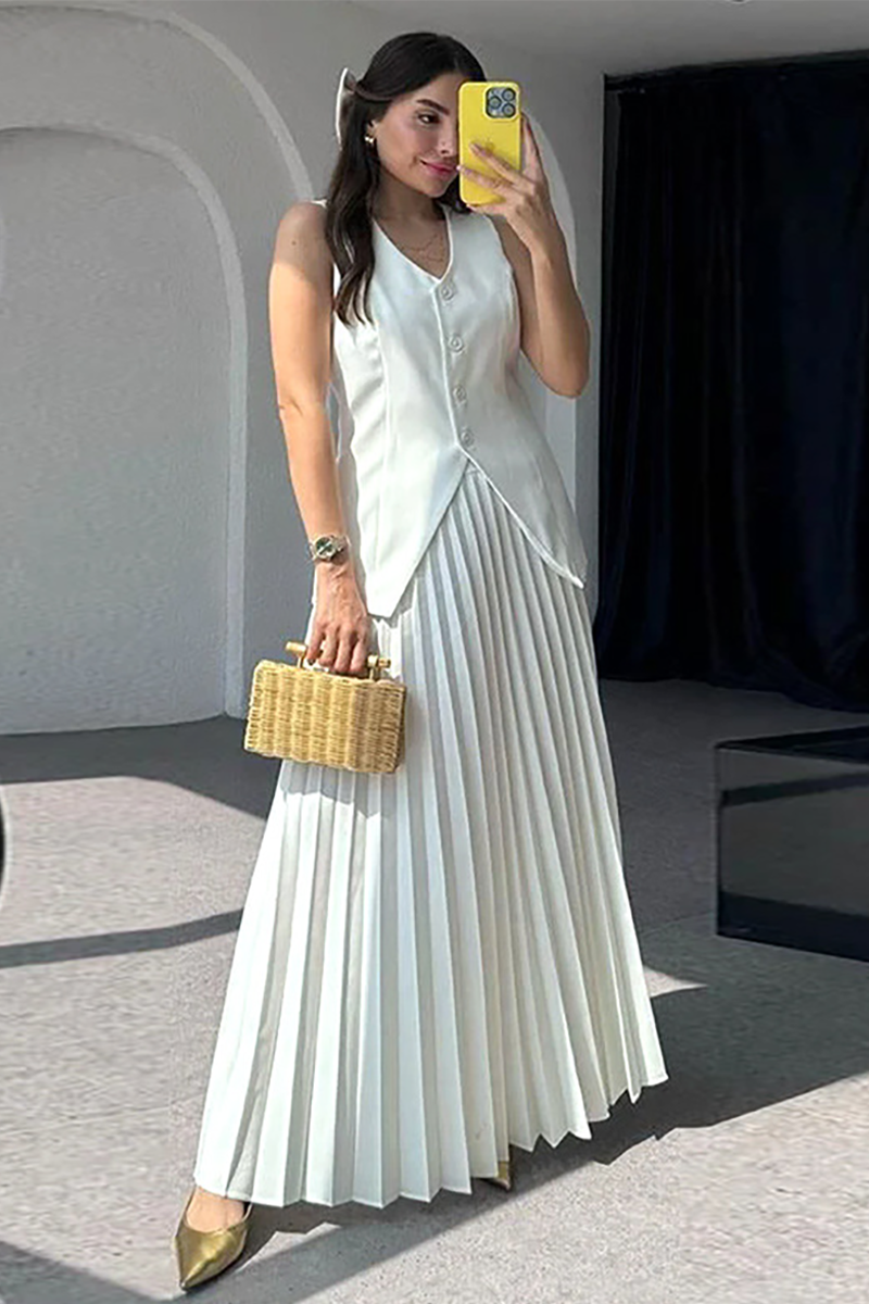 V Neck Button Up Slit Vest Pleated Maxi Skirt Matching Set-White-Hayhty.All Rights Reserved.