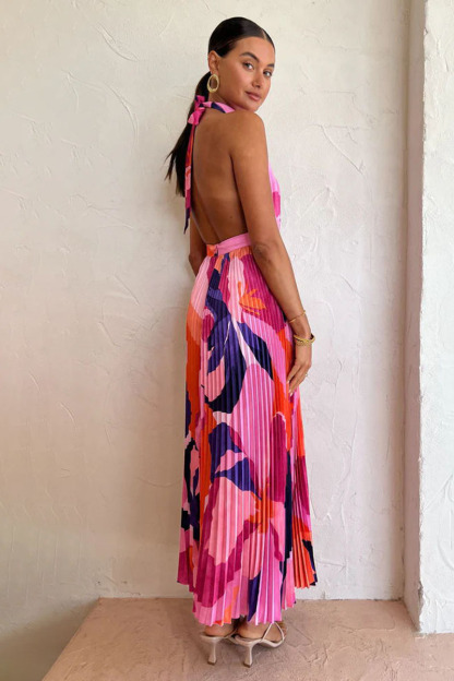 Halter Backless Floral Print Pleated Sleeveless Maxi Dresses-Hayhty.All Rights Reserved.