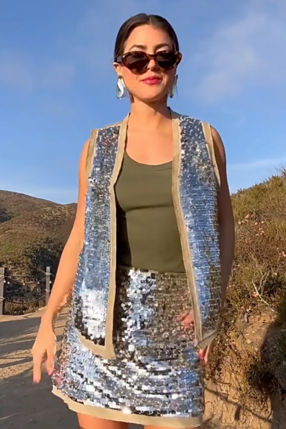 Sparkling Sequin Vest Slim Fit Mini Skirt Matching Set-Silver-Hayhty.All Rights Reserved.