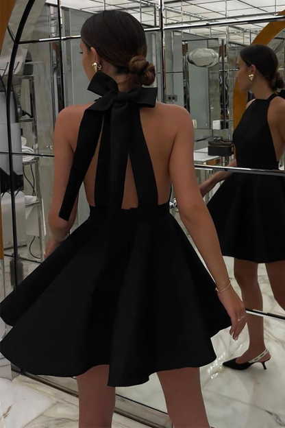 Sleeveless Halter Back Bow Backless A-Line Mini Dresses-Black-Hayhty.All Rights Reserved.