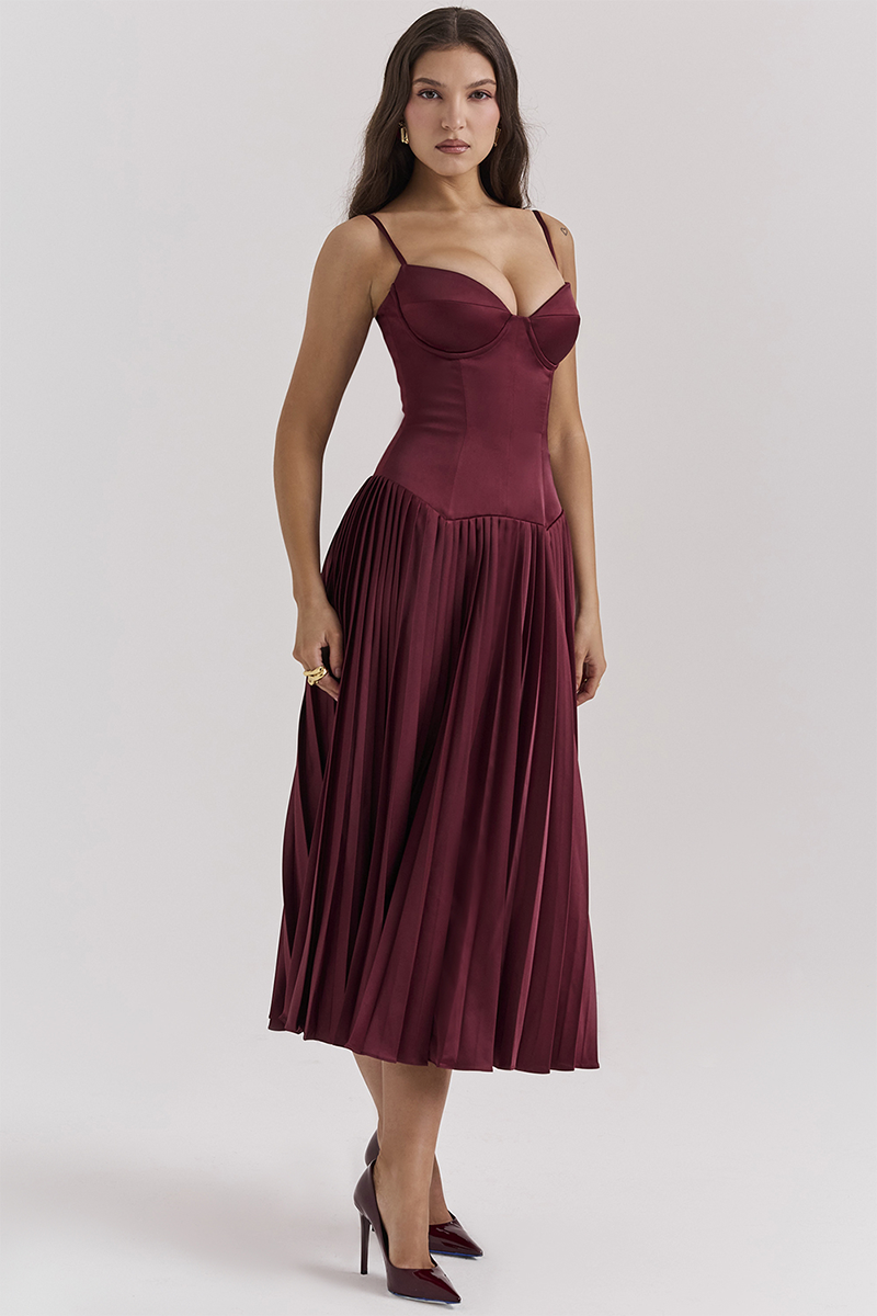 Irregular Neck Corset A-Line Pleated Hem Satin Slip Midi Dresses-Burgundy-Hayhty.All Rights Reserved.