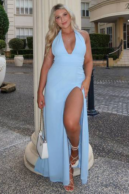 Deep V Neck Solid Color High Slit Halter Maxi Dresses-Blue-Hayhty.All Rights Reserved.