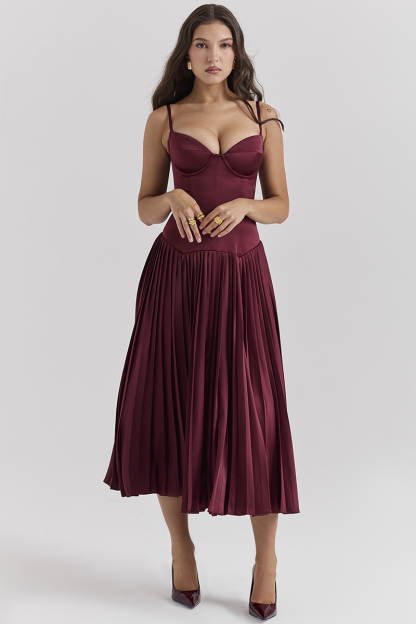 Irregular Neck Corset A-Line Pleated Hem Satin Slip Midi Dresses-Burgundy-Hayhty.All Rights Reserved.