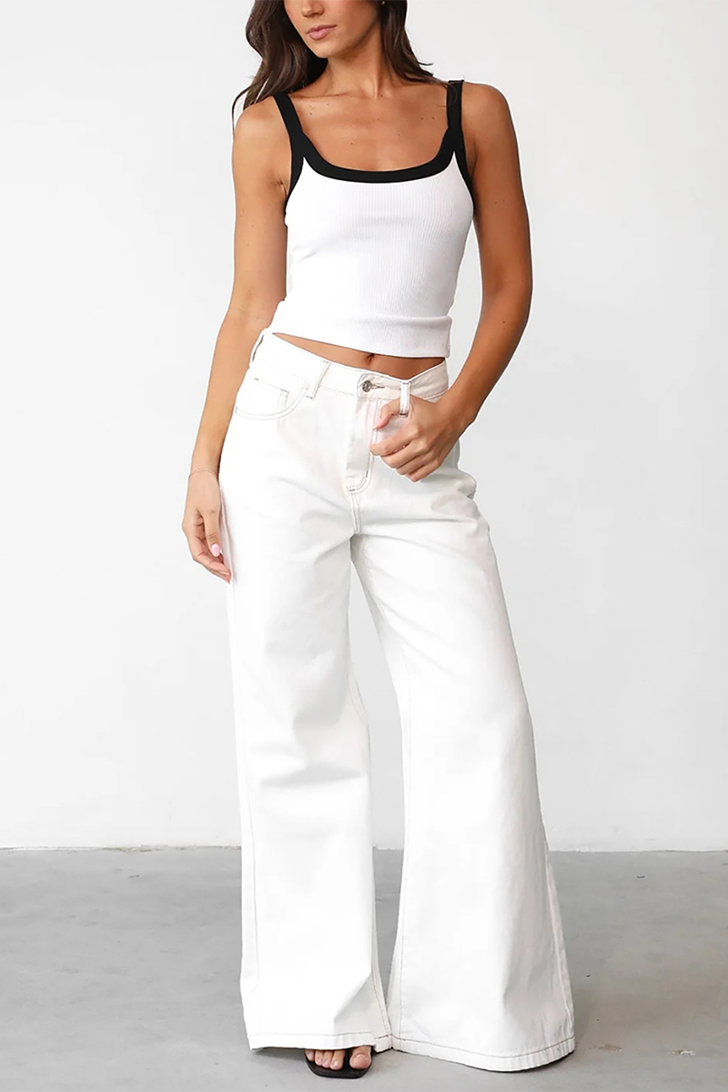 U Neck Contrast Piping Slim Fit Knit Crop Cami-White-Hayhty.All Rights Reserved.