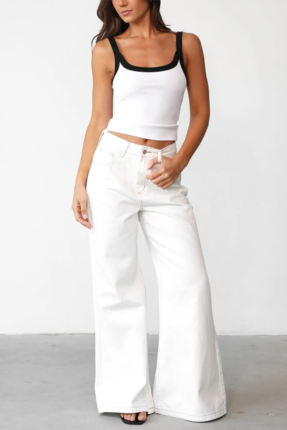 U Neck Contrast Piping Slim Fit Knit Crop Cami-White-Hayhty.All Rights Reserved.