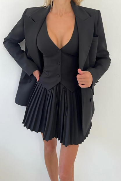 Deep V Neck Cinch Waist Waistcoat Pleated Mini Skirt Matching Set-Blue-Hayhty.All Rights Reserved.
