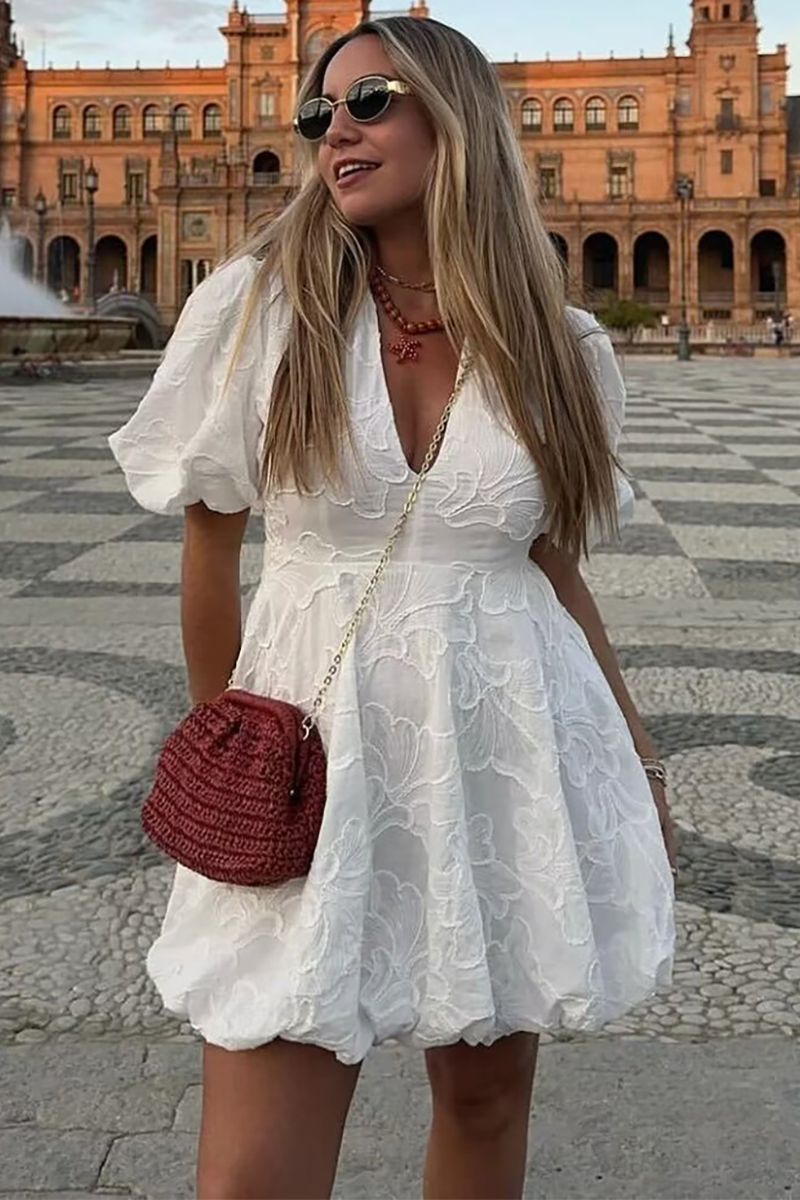 Deep V Neck Puff Sleeve Embroidery A-Line Bubbled Hem Mini Dresses-White-Hayhty.All Rights Reserved.