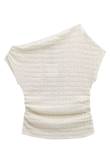 Skew Neck Asymmetric Top Wide Leg Textured Pants Matching Set-Beige-Hayhty.All Rights Reserved.