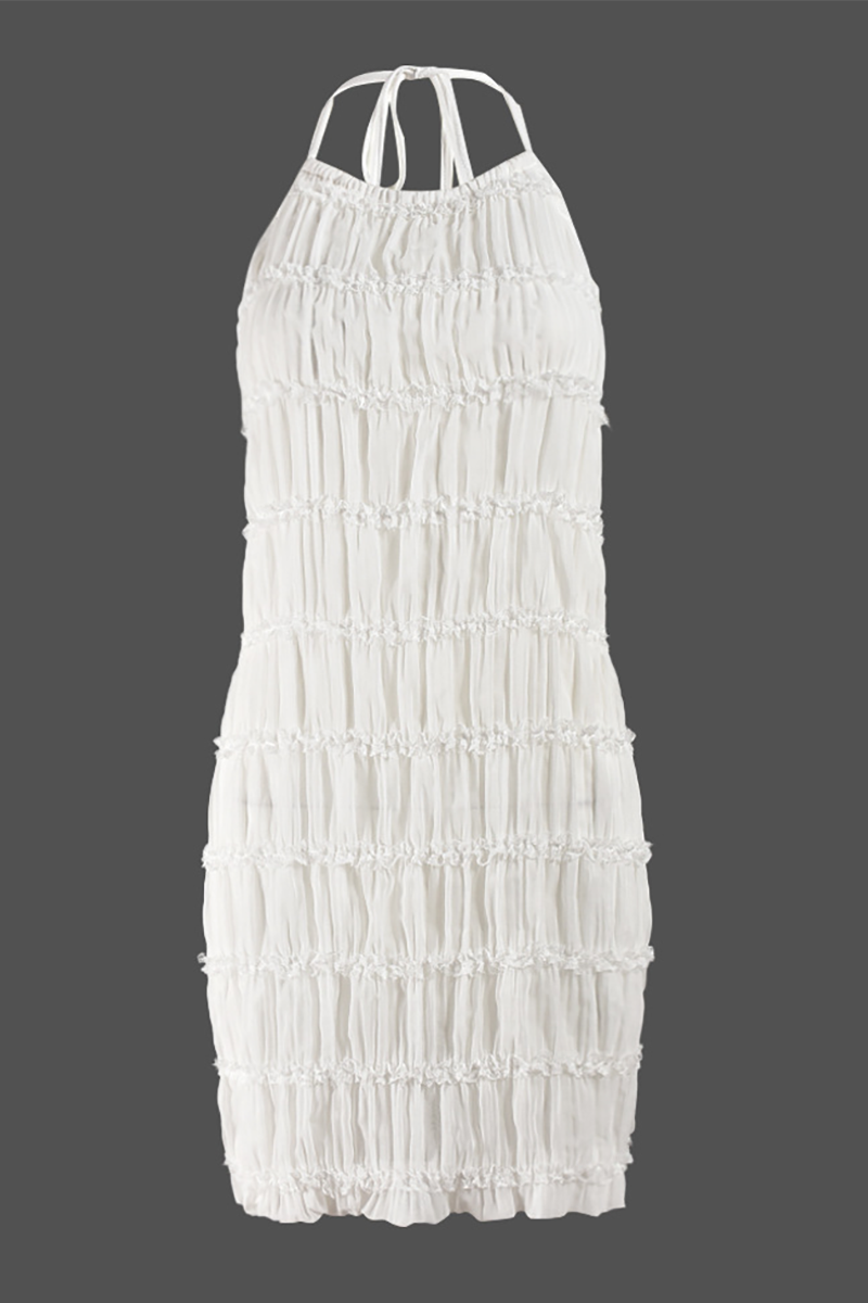 Solid Color Ruched Bodycon Halter Neck Backless Mini Dresses-White-Hayhty.All Rights Reserved.