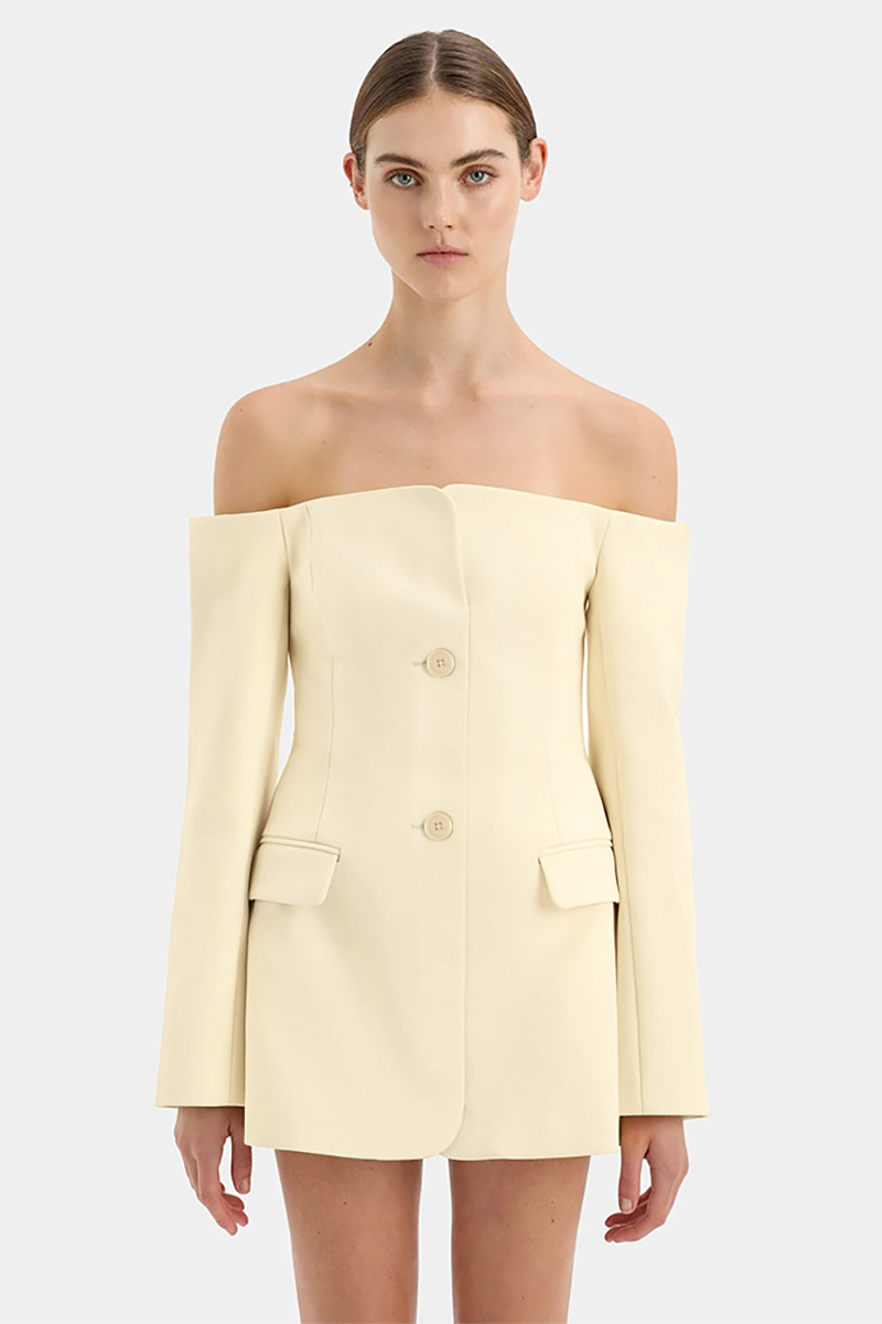 Off Shoulder Long Sleeve Button Up Slim Fit Mini Dresses-Beige-Hayhty.All Rights Reserved.