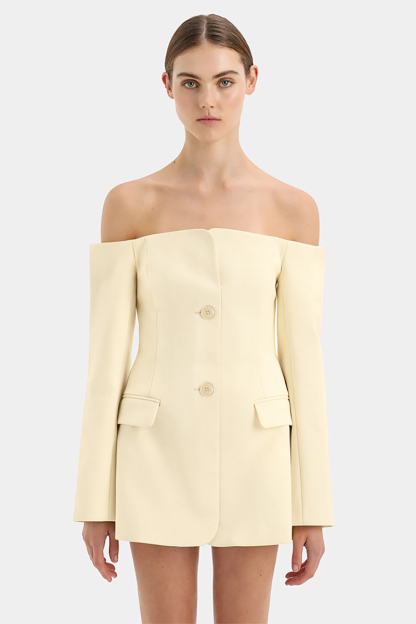 Off Shoulder Long Sleeve Button Up Slim Fit Mini Dresses-Beige-Hayhty.All Rights Reserved.