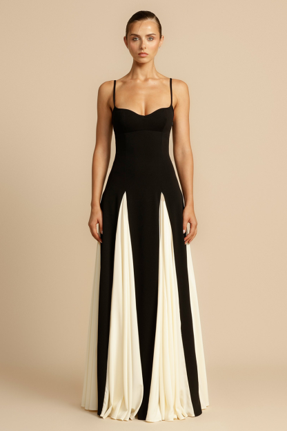Colorblock Patchwork A-Line Flowy Slip Maxi Dresses-Black-Hayhty.All Rights Reserved.