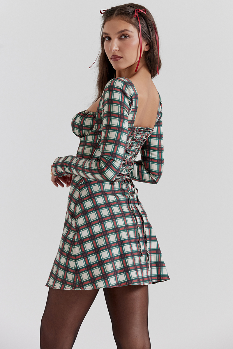 Long Sleeve Square Neck Lace Up Plaid Print Mini Dresses-Red-Hayhty.All Rights Reserved.