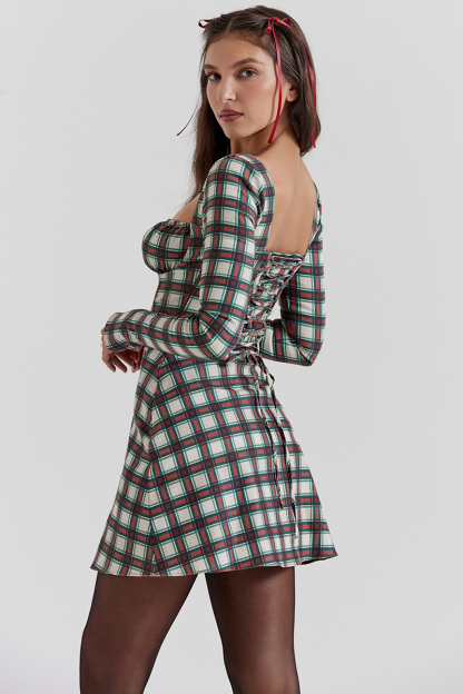 Long Sleeve Square Neck Lace Up Plaid Print Mini Dresses-Red-Hayhty.All Rights Reserved.