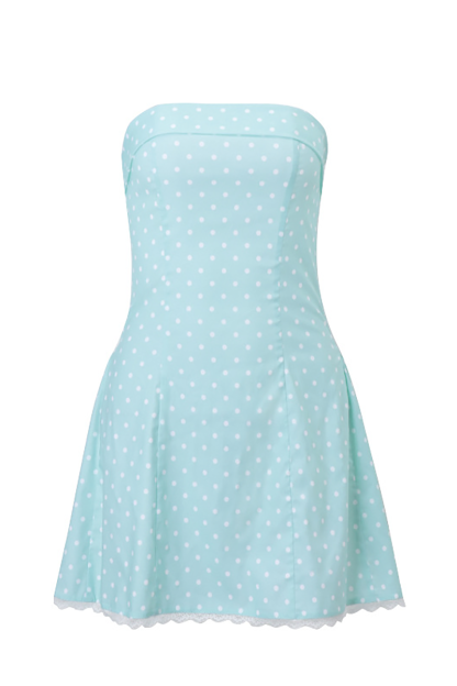 Polka Dot Print Cinch Waist Lace Trim Mini Tube Dresses-Blue-Hayhty.All Rights Reserved.