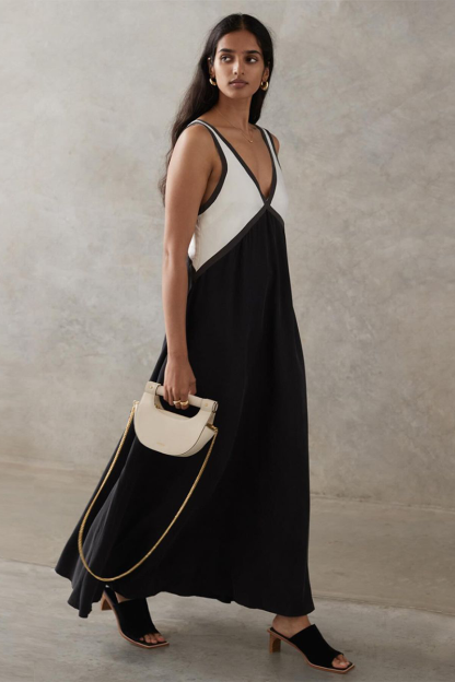 Deep V Neck Colorblock Loose Fit Maxi Tank Dresses-Green-Hayhty.All Rights Reserved.