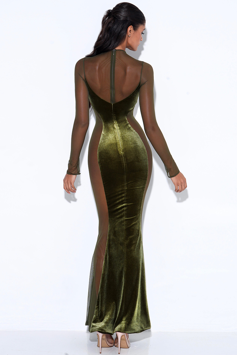 Velvet Mesh Patchwork Long Sleeve Gown Maxi Dresses-Hayhty.All Rights Reserved.